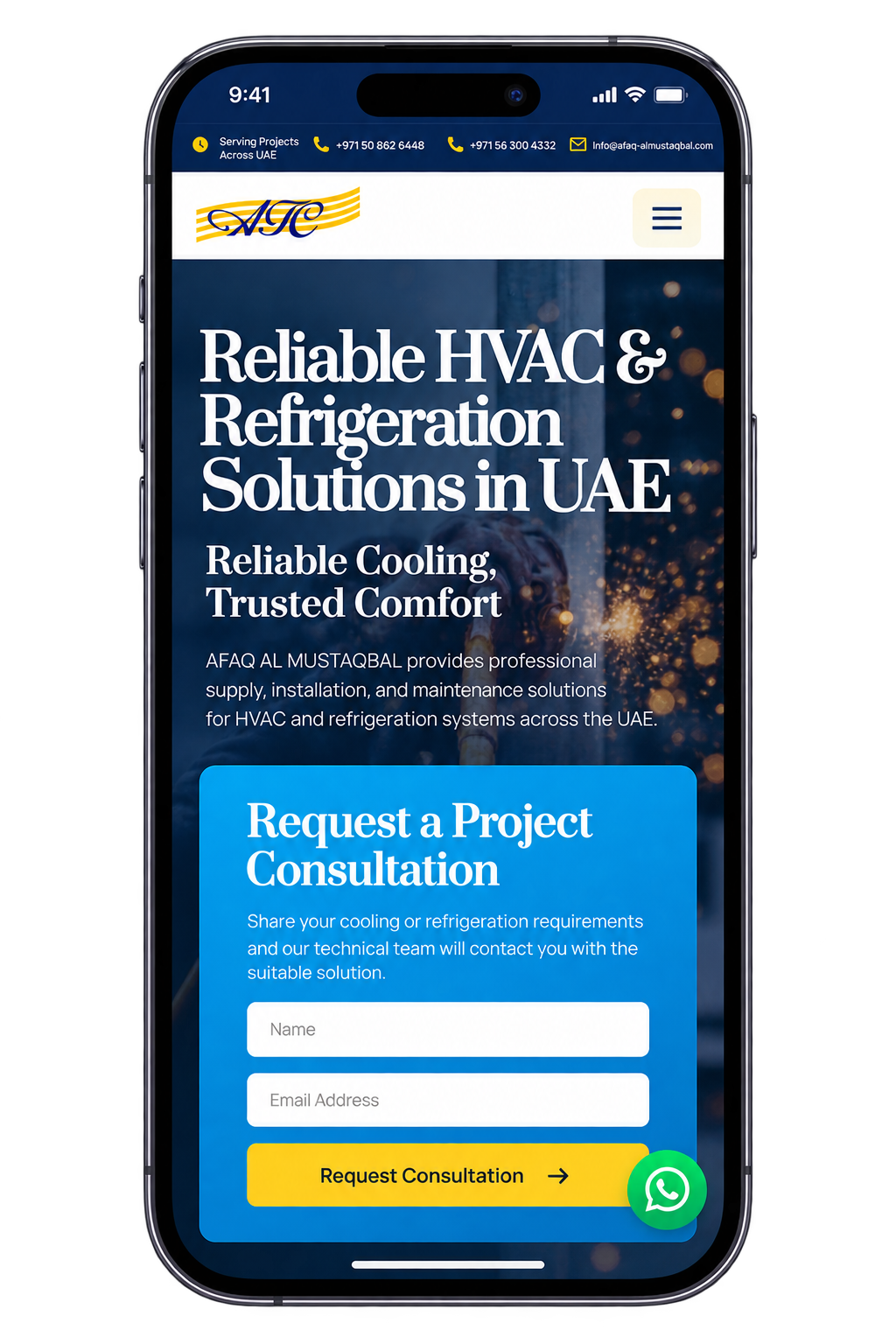 Afaq Al Mustaqbal HVAC website homepage mockup