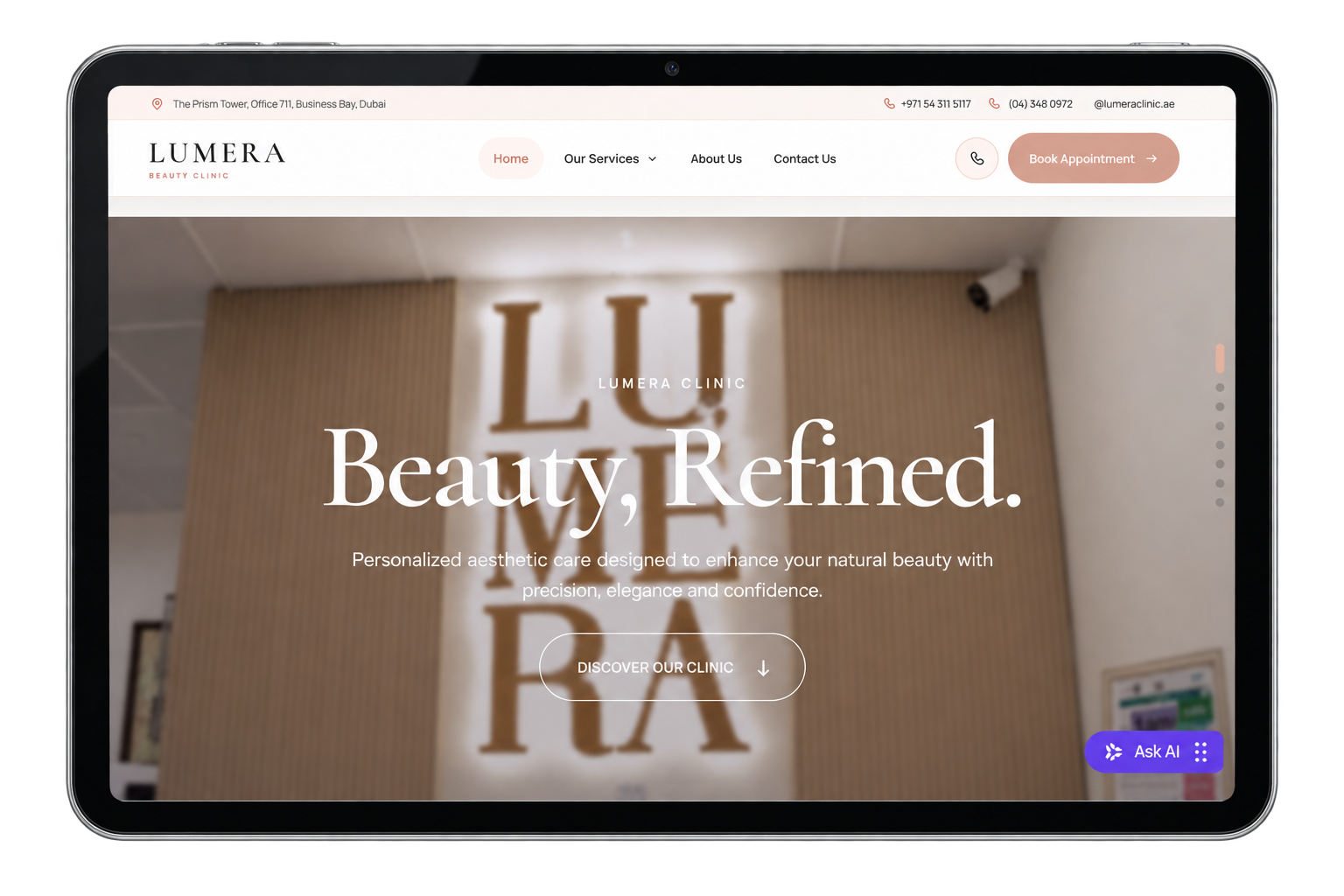 Lumera Beauty Clinic Dubai website homepage mockup