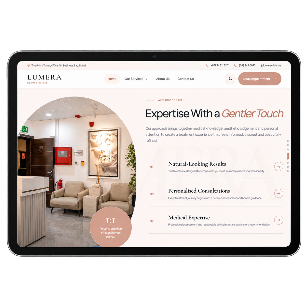 Lumera Beauty Clinic Dubai aesthetic services website mockup